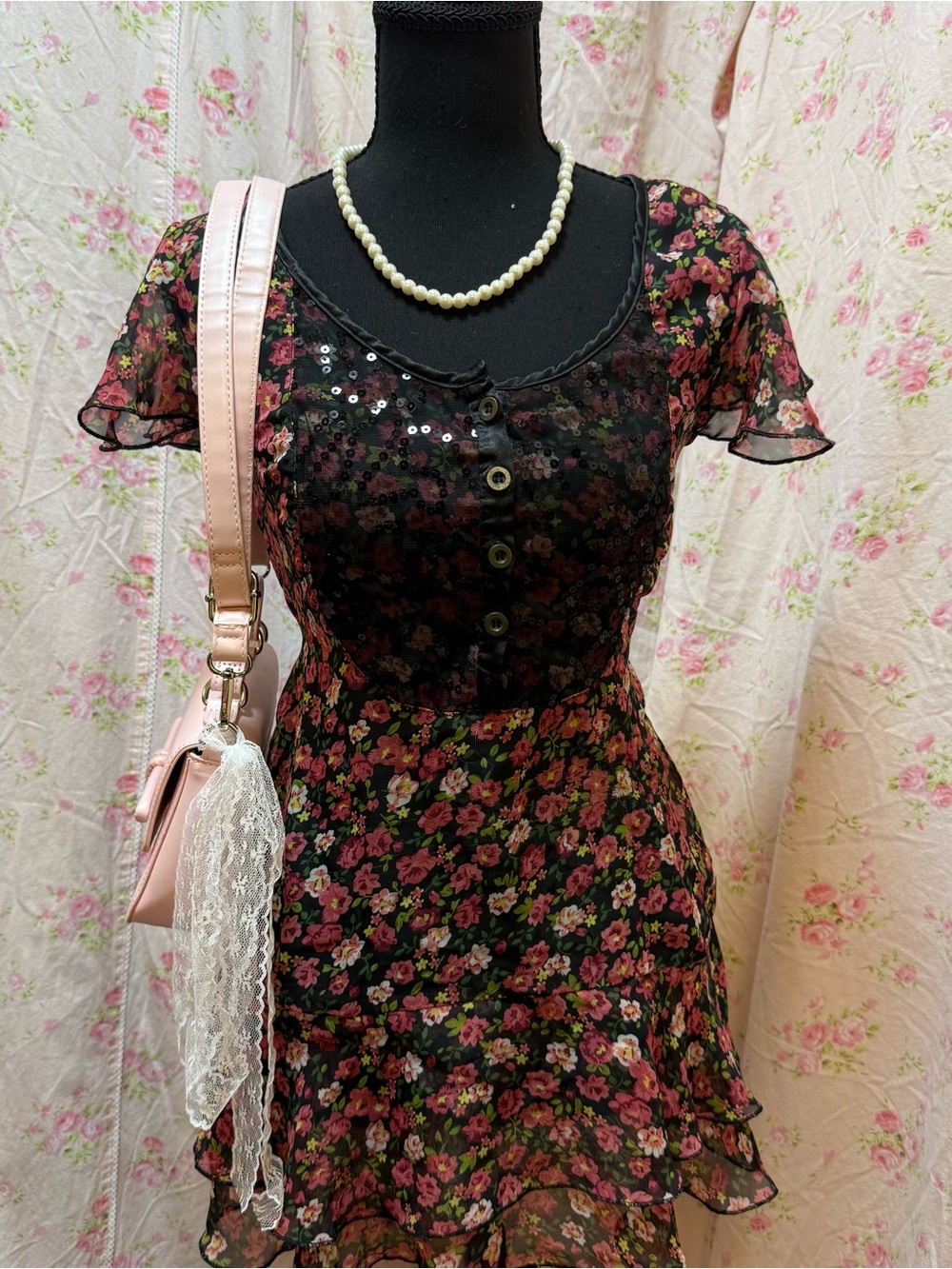 Charlotte Russe Black Floral Mini Dress with Pink Roses